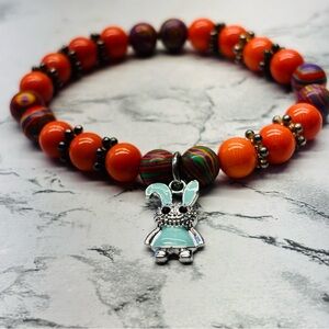 Orange Beaded Teal Bunny Charm Bracelet - Women's Fashion Jewelry Stretch